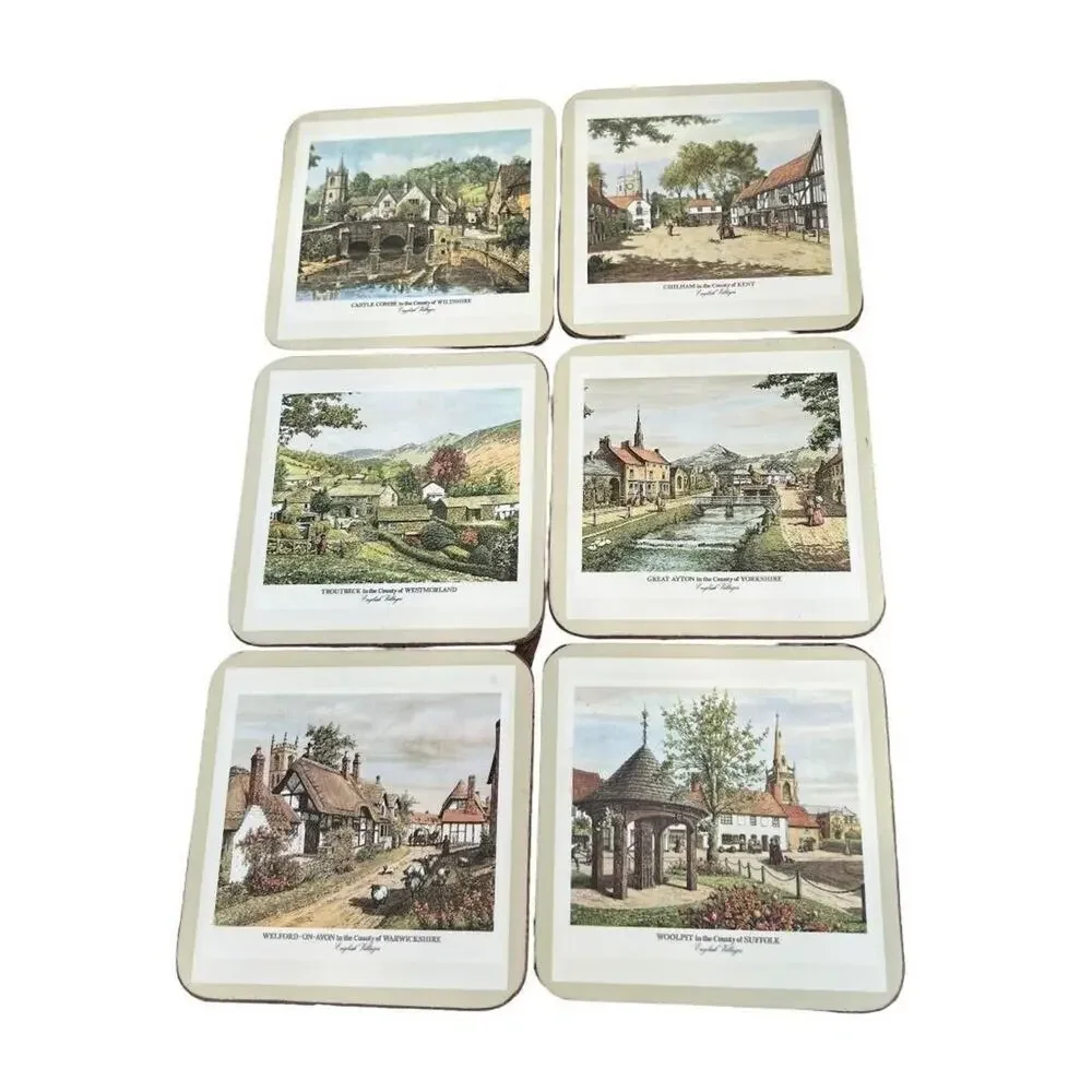 Pimpernel English Villages 4.25x4.25 Coasters Cork Bottom With Box